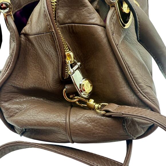 B. Makowsky Brown Glove Leather Satchel with Gold Hardware & Plum Lining - Picture 9 of 11
